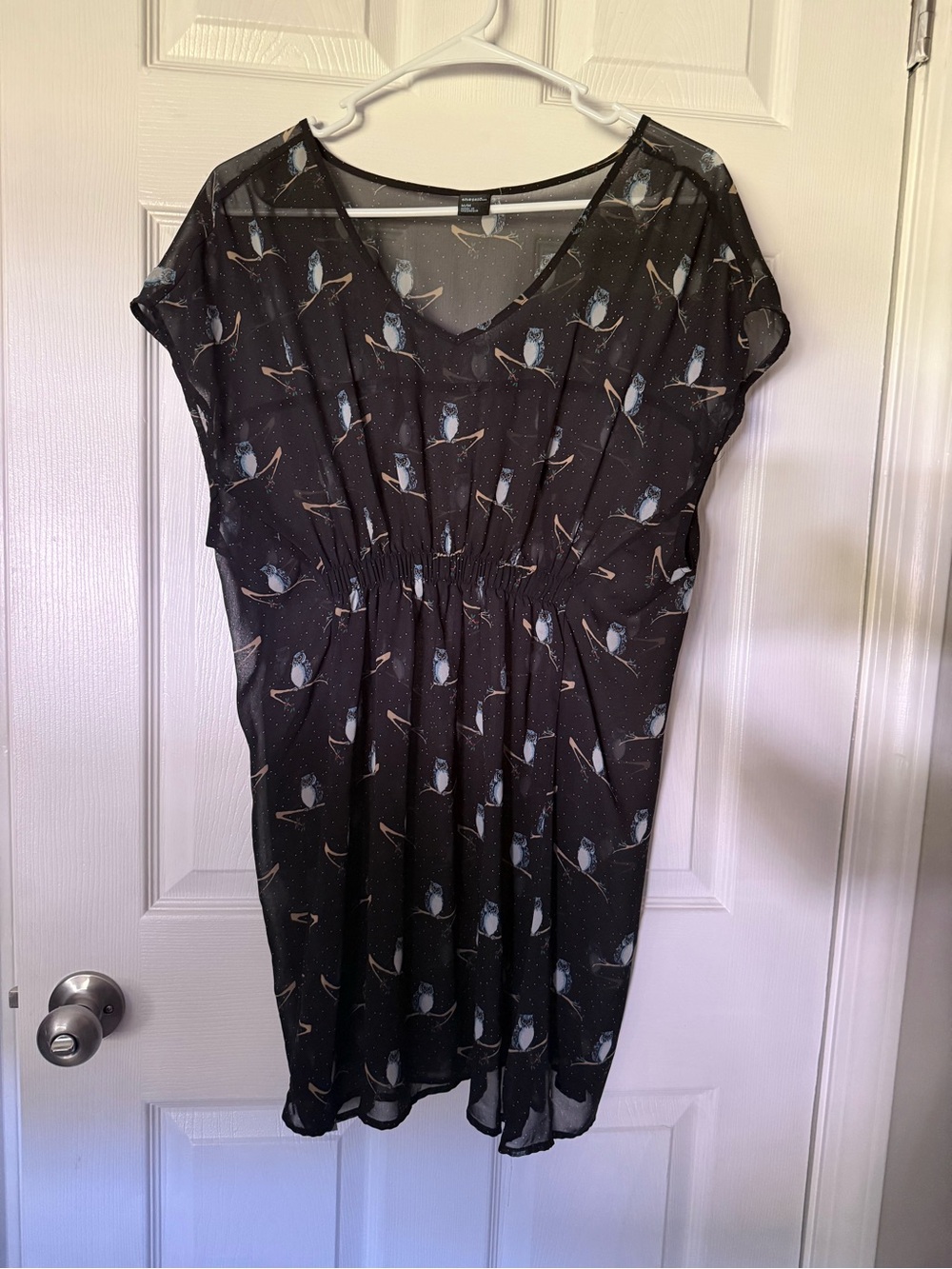 Black Owl-Print Short Sleeve Cover-Up Dress